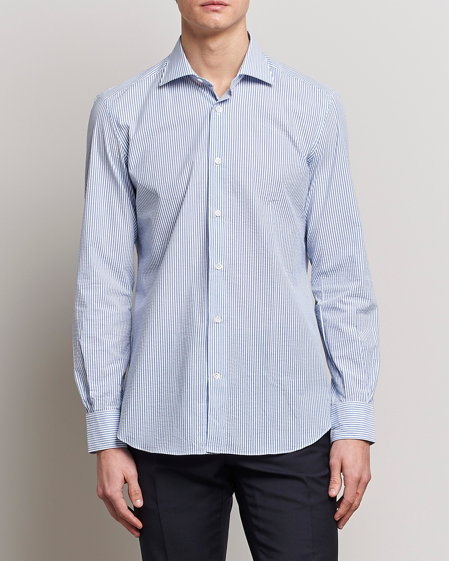 Uomini | Camicie | Mazzarelli | Soft Seersucker Shirt Light Blue Stripe