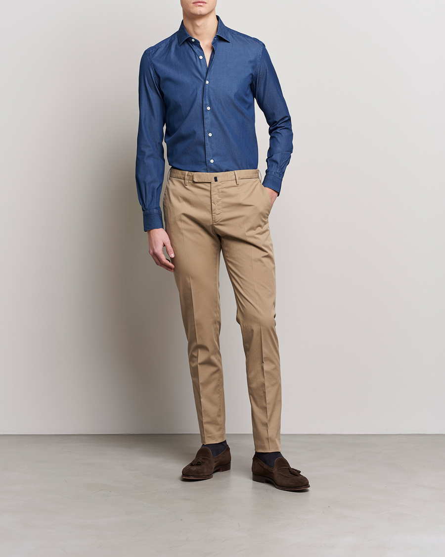 Uomini | Camicie | Mazzarelli | Soft Denim Cut Away Shirt Dark Indigo