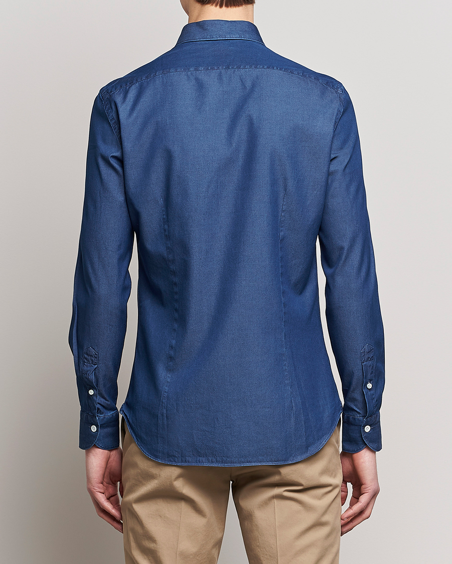 Uomini | Camicie | Mazzarelli | Soft Denim Cut Away Shirt Dark Indigo