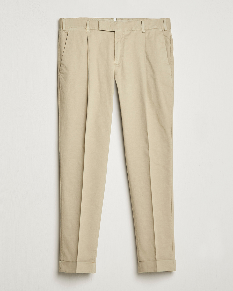 Uomini | Pantaloni | PT01 | Slim Fit Pleated Linen Blend Trousers Beige