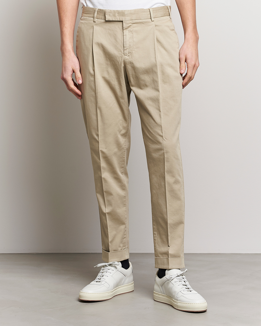 Uomini | Pantaloni | PT01 | Slim Fit Pleated Linen Blend Trousers Beige