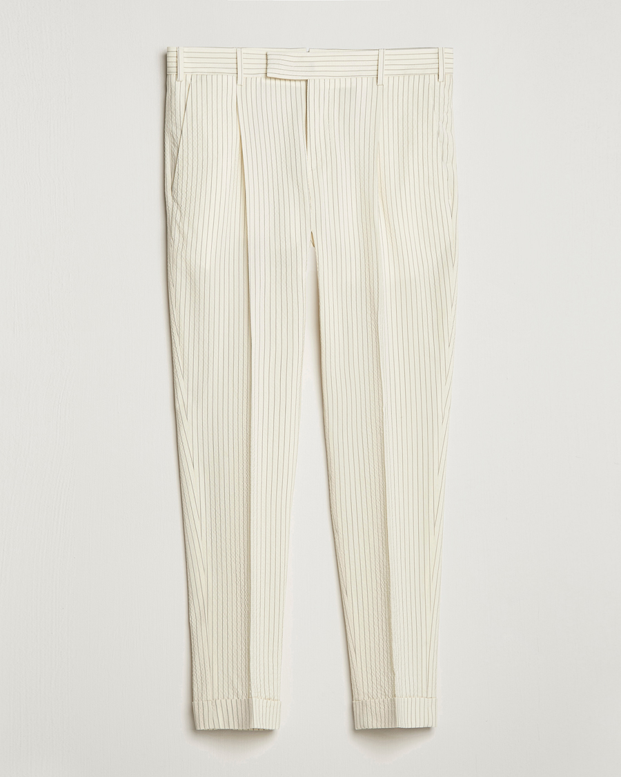 Uomini | Pantaloni | PT01 | Slim Fit Pleated Wool Seersucker Trousers Off White