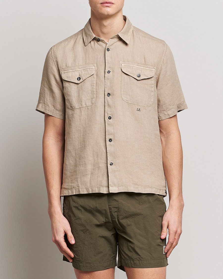 Uomini | Camicie | C.P. Company | Short Sleeve Pocket Linen Shirt Taupe