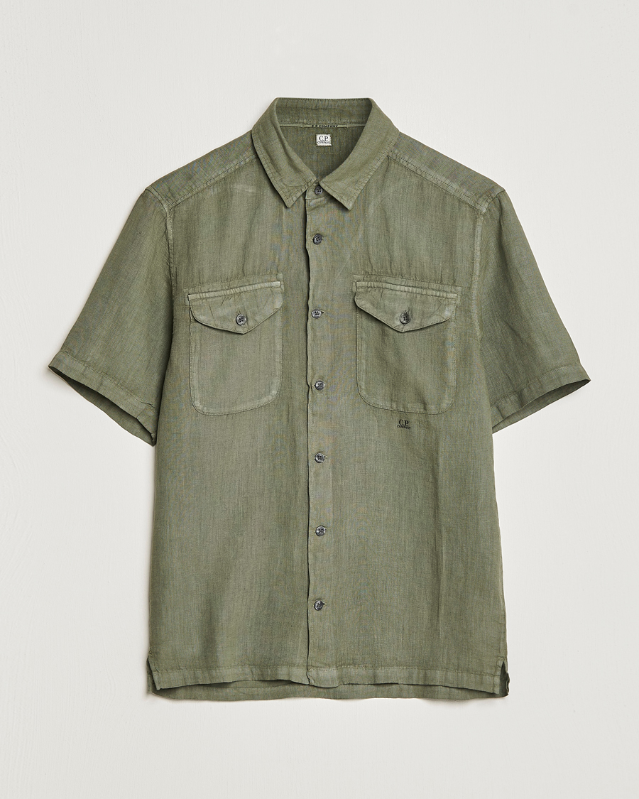 Uomini | Camicie | C.P. Company | Short Sleeve Pocket Linen Shirt Olive