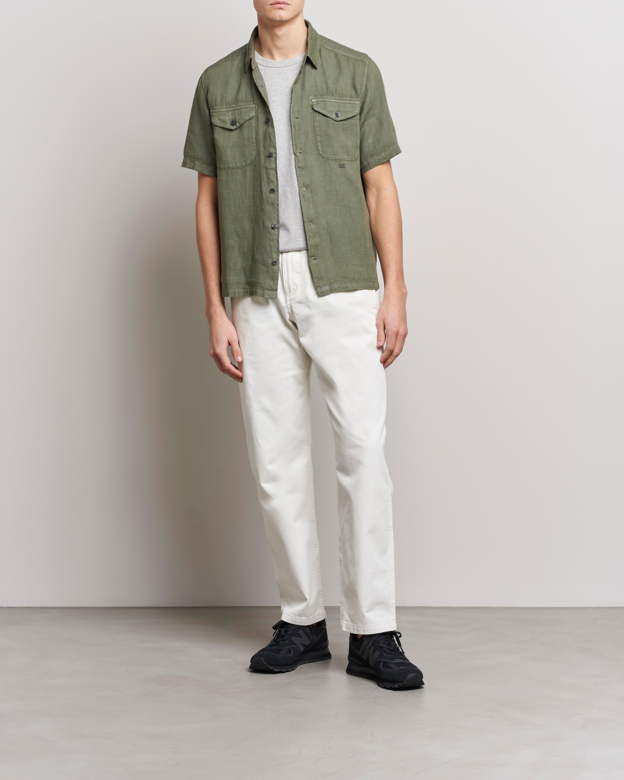 Uomini | Camicie | C.P. Company | Short Sleeve Pocket Linen Shirt Olive