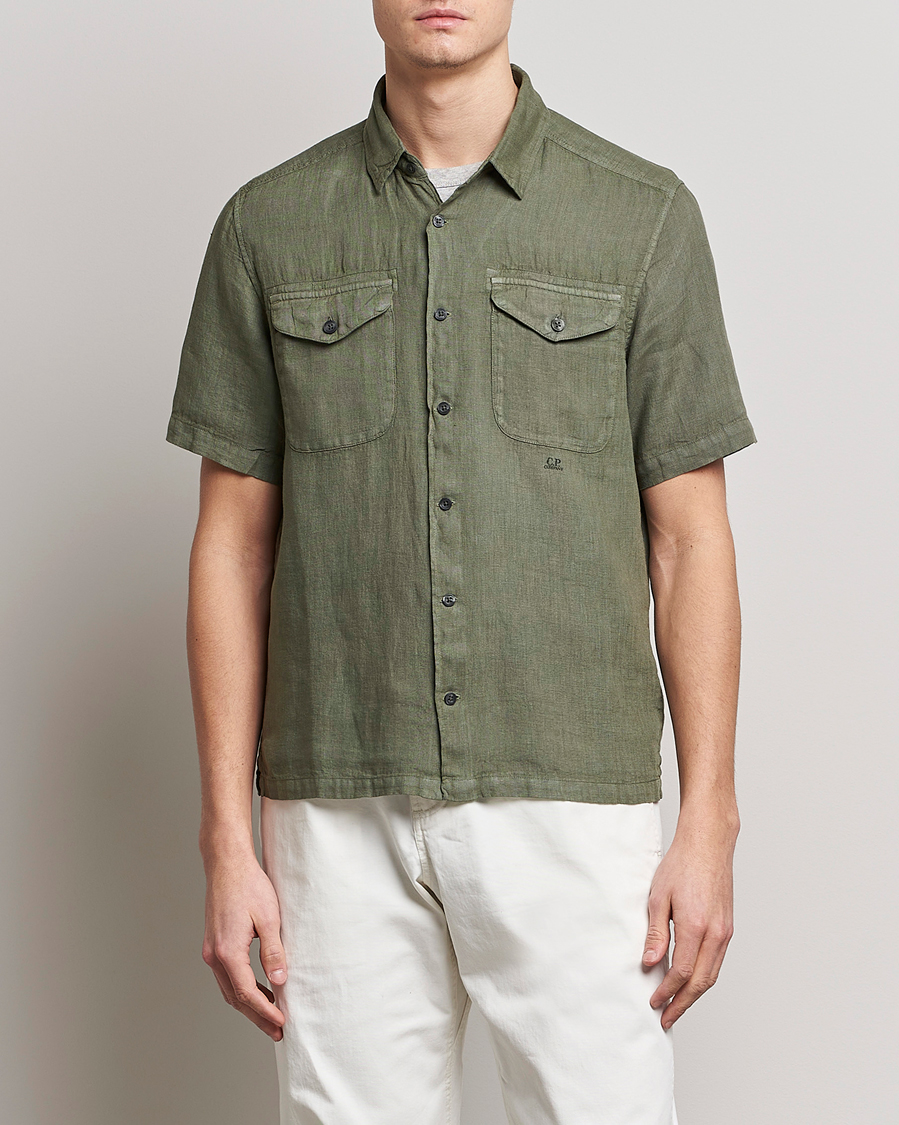 Uomini | Camicie | C.P. Company | Short Sleeve Pocket Linen Shirt Olive