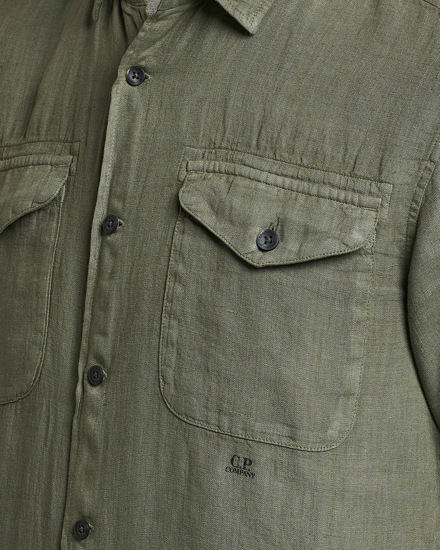 Uomini | Camicie | C.P. Company | Short Sleeve Pocket Linen Shirt Olive
