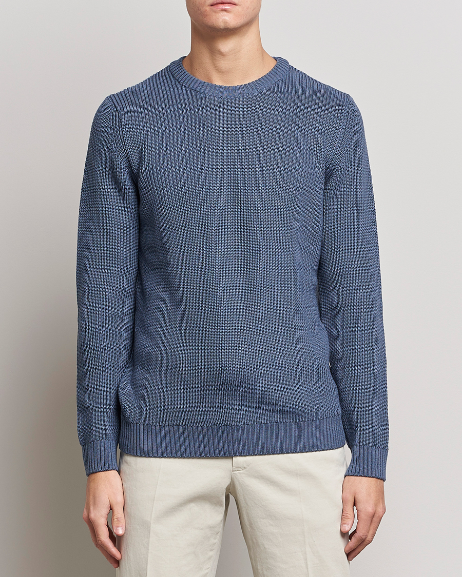 Uomini | Maglieria | Stenströms | Merino Heavy Knitted Crew Neck Petrol Blue