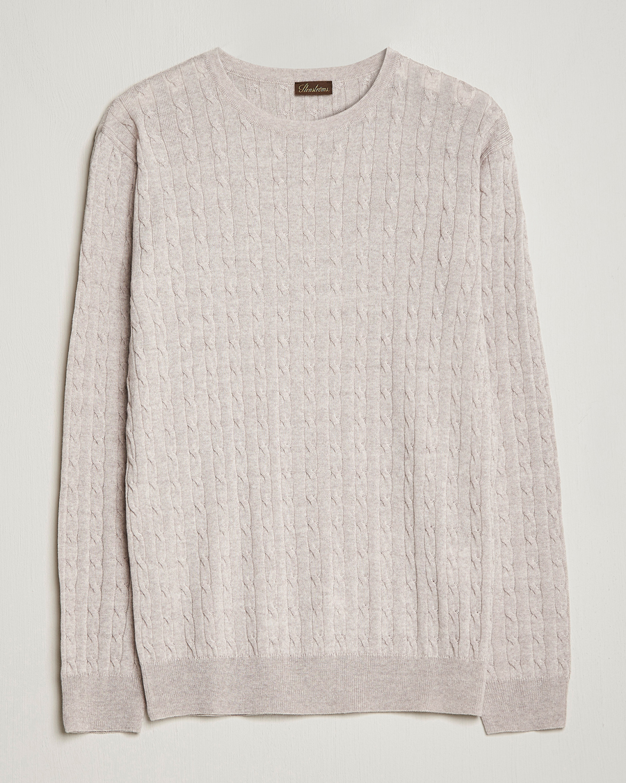 Uomini | Maglieria | Stenströms | Merino Cable Crew Neck Beige