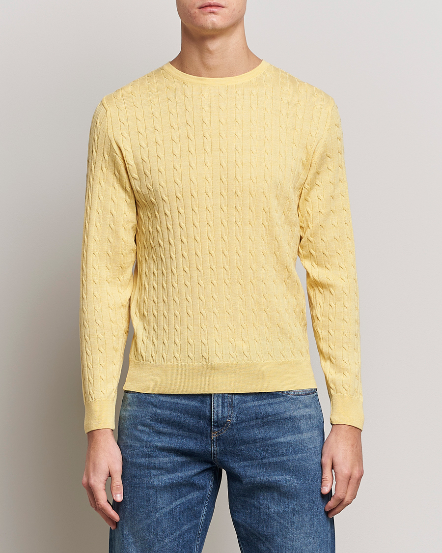 Uomini | Maglieria | Stenströms | Merino Cable Crew Neck Yellow