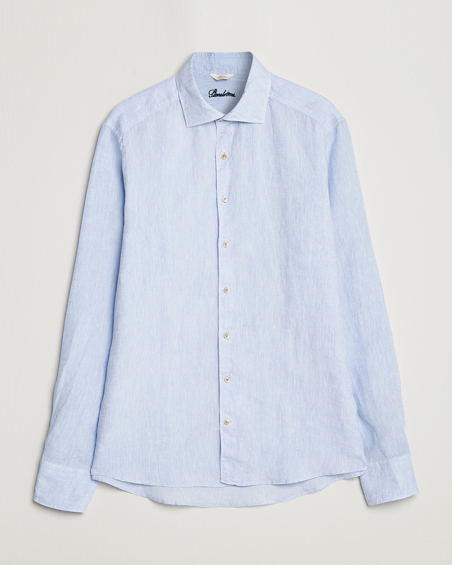 Uomini | Camicie | Stenströms | Slimline Cut Away Linen Shirt Light Blue