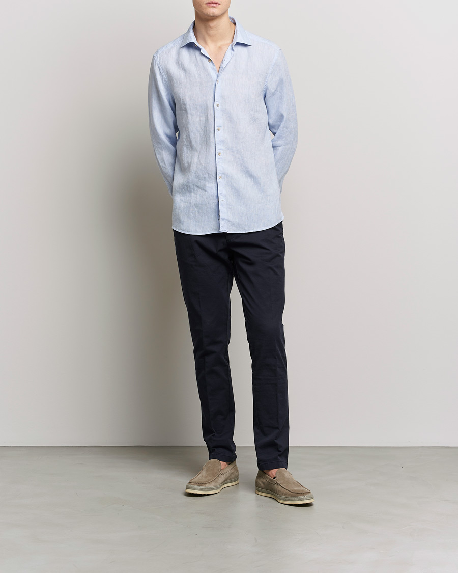 Uomini | Camicie | Stenströms | Slimline Cut Away Linen Shirt Light Blue