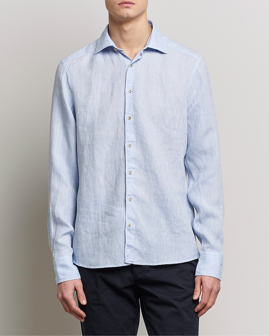 Uomini | Camicie | Stenströms | Slimline Cut Away Linen Shirt Light Blue