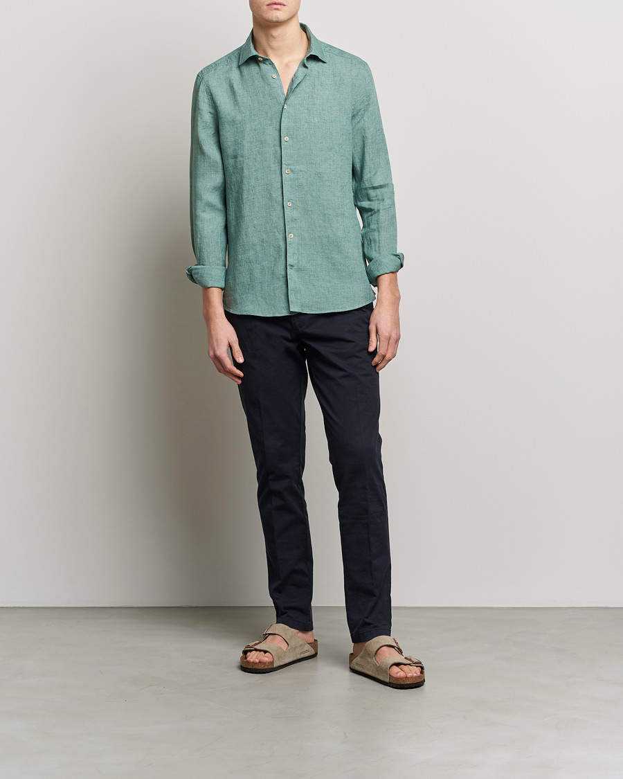 Uomini | Camicie | Stenströms | Slimline Cut Away Linen Shirt Deep Green