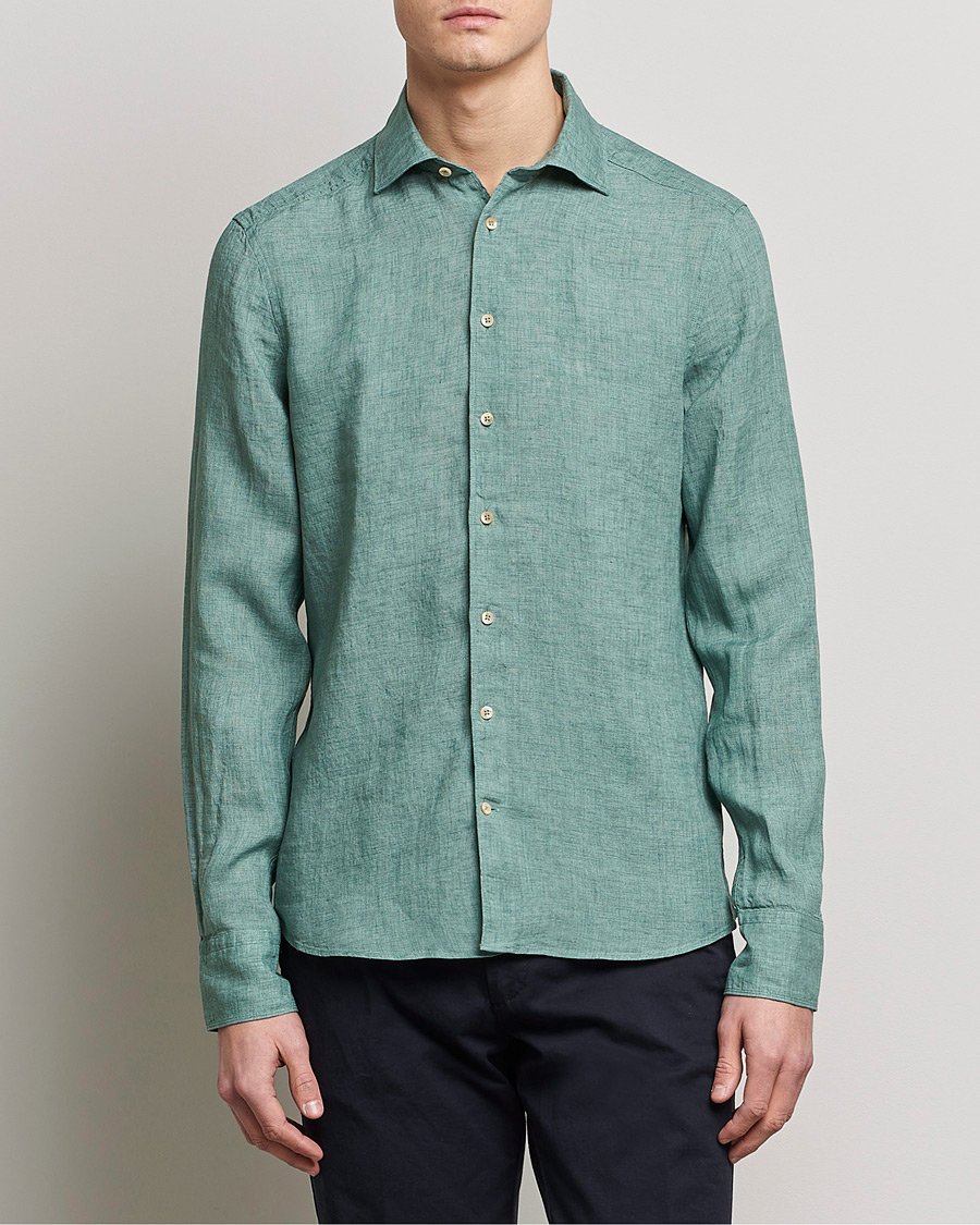 Uomini | Camicie | Stenströms | Slimline Cut Away Linen Shirt Deep Green
