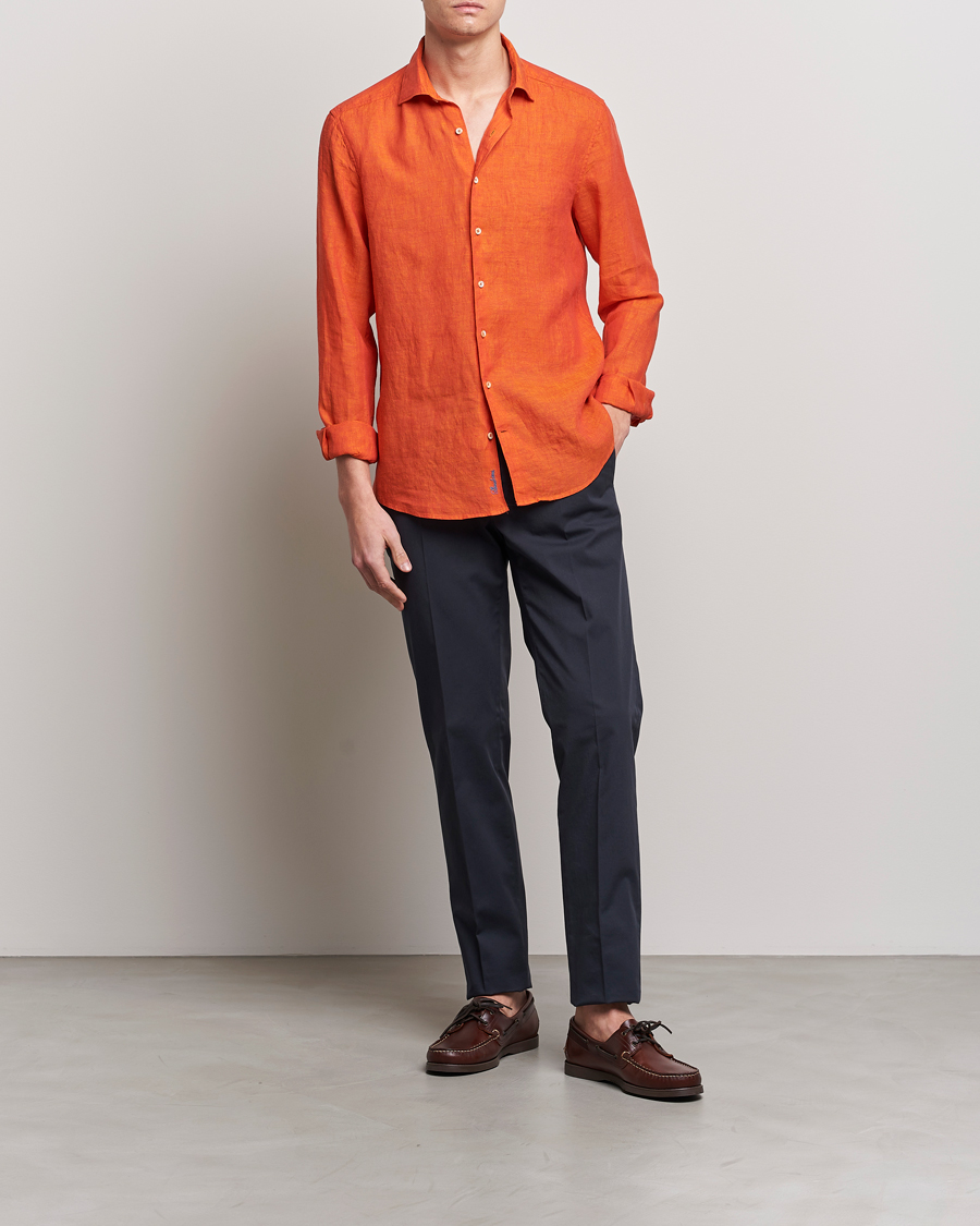 Uomini | Camicie | Stenströms | Slimline Cut Away Linen Shirt Orange