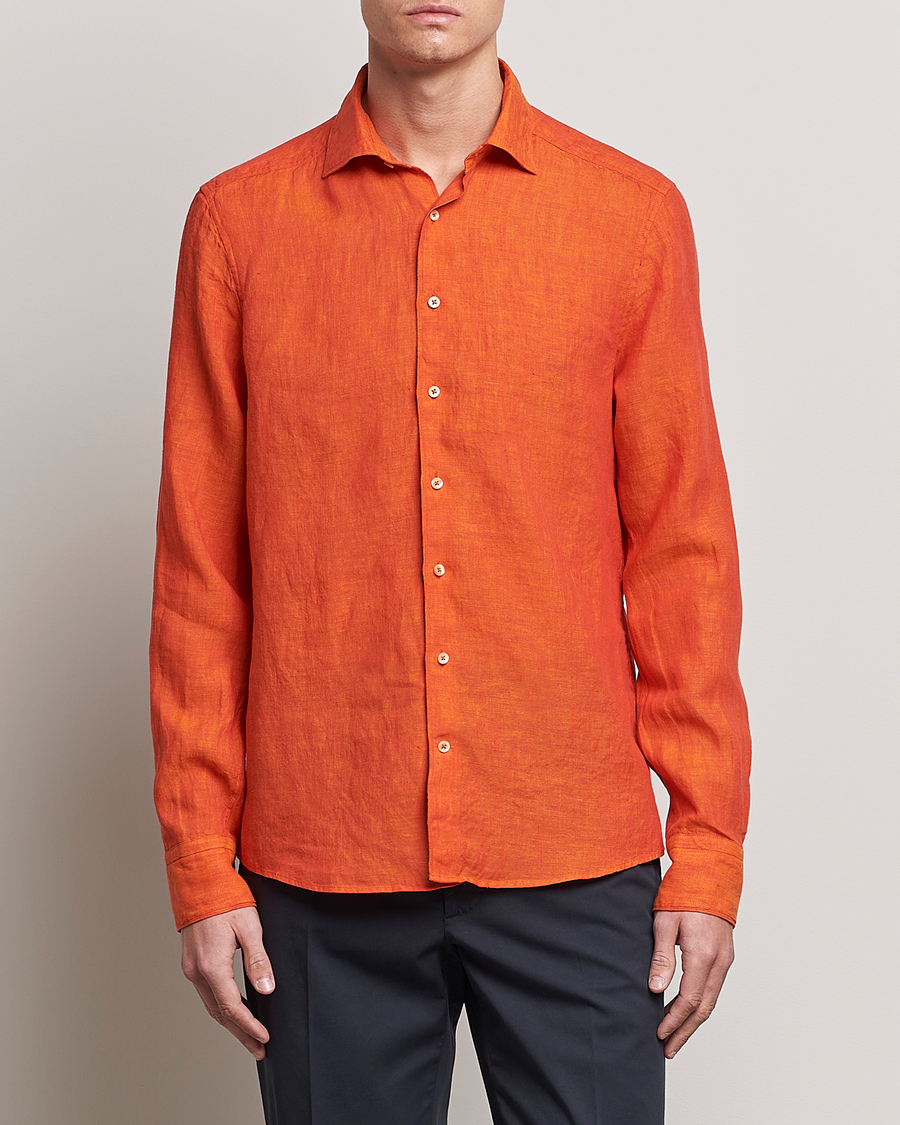 Uomini | Camicie | Stenströms | Slimline Cut Away Linen Shirt Orange