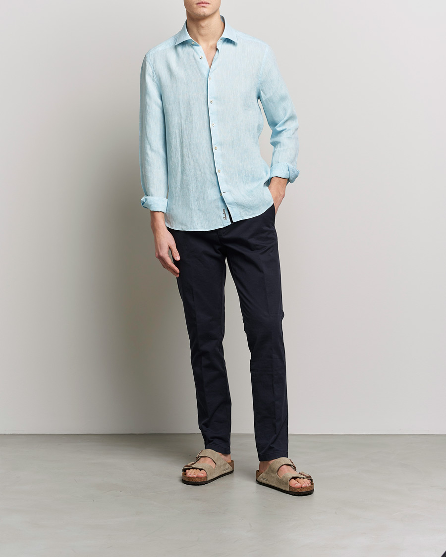 Uomini | Camicie | Stenströms | Slimline Cut Away Linen Shirt Turqoise
