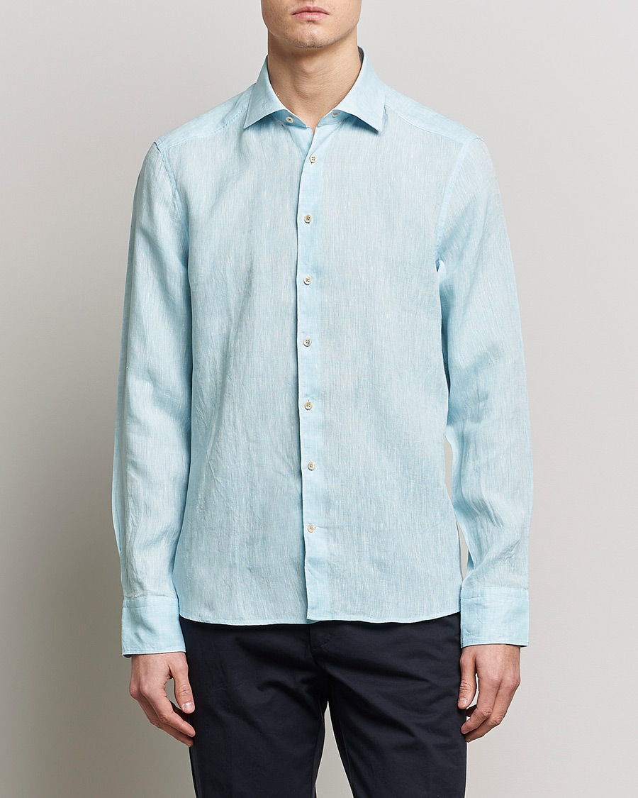 Uomini | Camicie | Stenströms | Slimline Cut Away Linen Shirt Turqoise