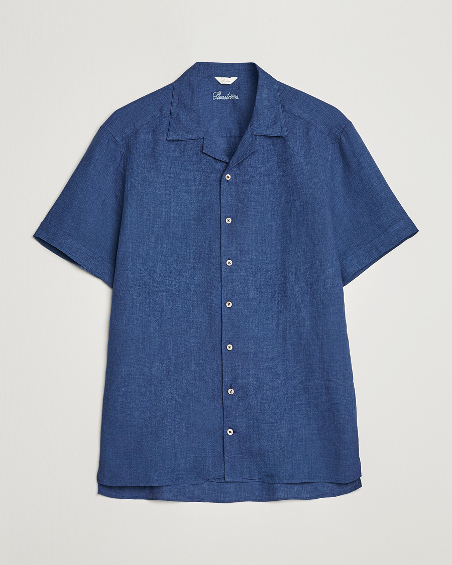 Uomini | Camicie | Stenströms | Slimline Short Sleeve Resort Linen Shirt Blue