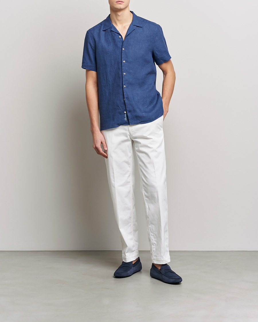 Uomini | Camicie | Stenströms | Slimline Short Sleeve Resort Linen Shirt Blue