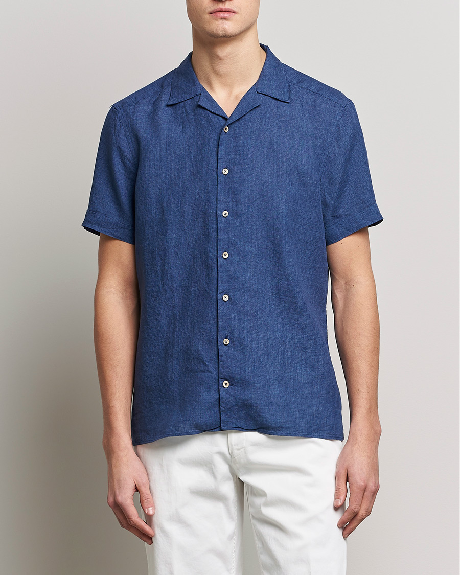 Uomini | Camicie | Stenströms | Slimline Short Sleeve Resort Linen Shirt Blue