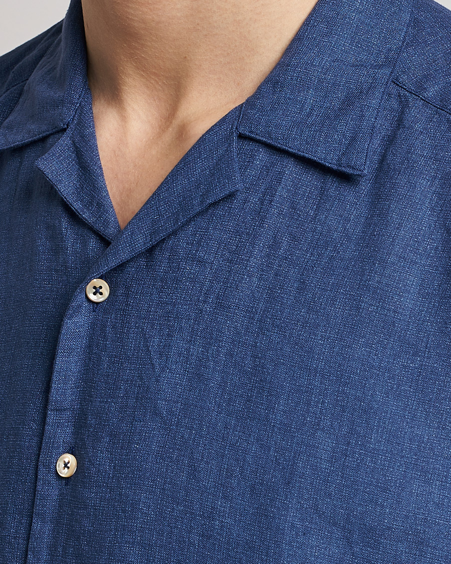 Uomini | Camicie | Stenströms | Slimline Short Sleeve Resort Linen Shirt Blue