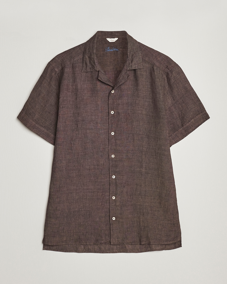 Uomini | Camicie | Stenströms | Slimline Short Sleeve Resort Linen Shirt Dark Brown