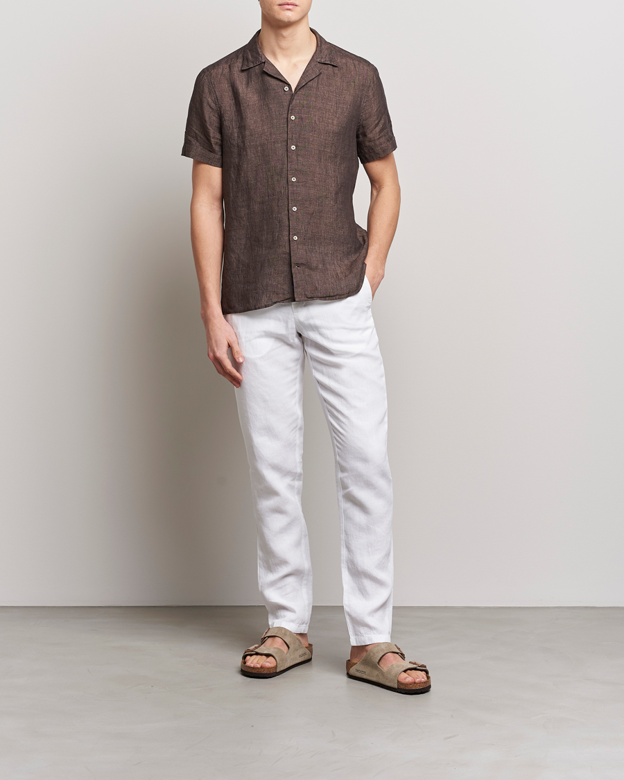 Uomini | Camicie | Stenströms | Slimline Short Sleeve Resort Linen Shirt Dark Brown