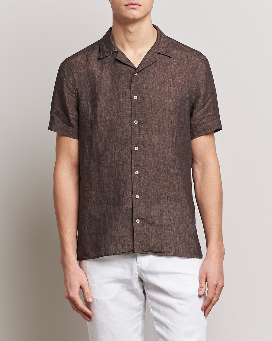 Uomini | Camicie | Stenströms | Slimline Short Sleeve Resort Linen Shirt Dark Brown