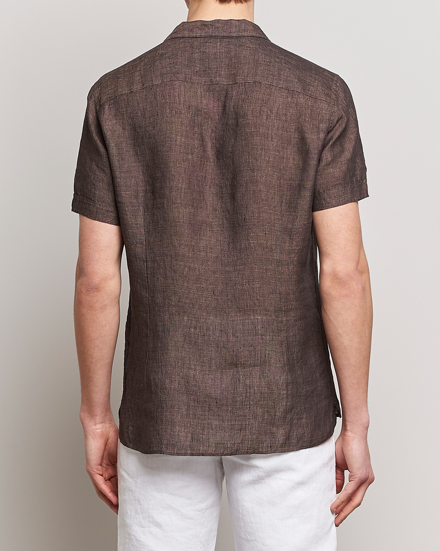 Uomini | Camicie | Stenströms | Slimline Short Sleeve Resort Linen Shirt Dark Brown