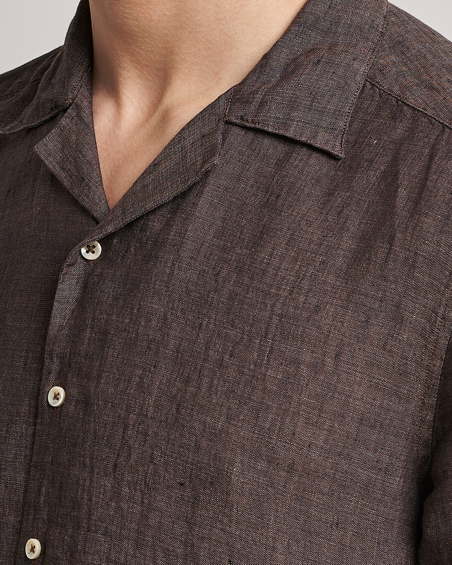 Uomini | Camicie | Stenströms | Slimline Short Sleeve Resort Linen Shirt Dark Brown