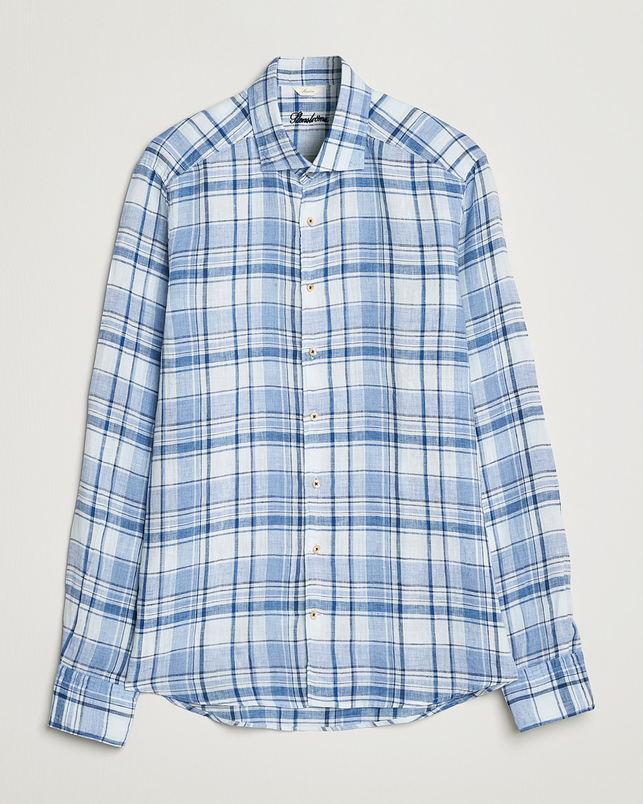 Uomini | Camicie | Stenströms | Slimline Cut Away Checked Linen Shirt Blue