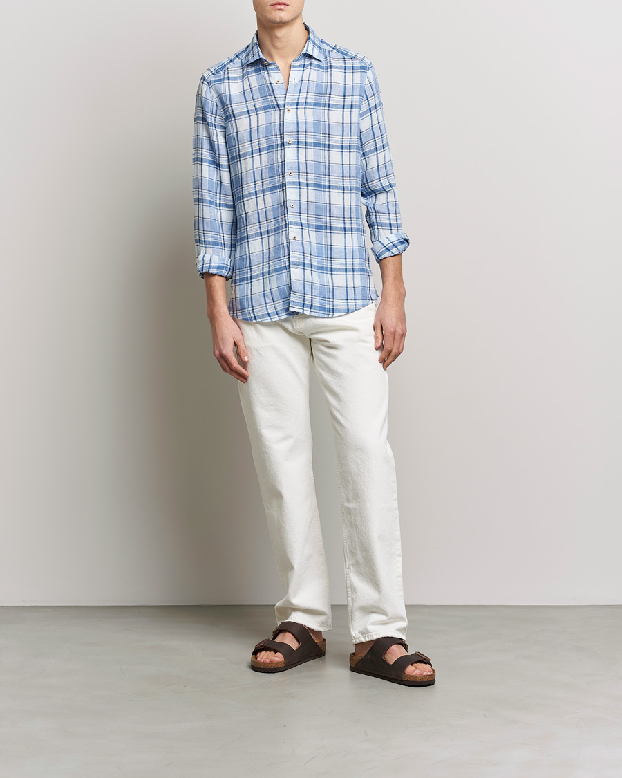 Uomini | Camicie | Stenströms | Slimline Cut Away Checked Linen Shirt Blue