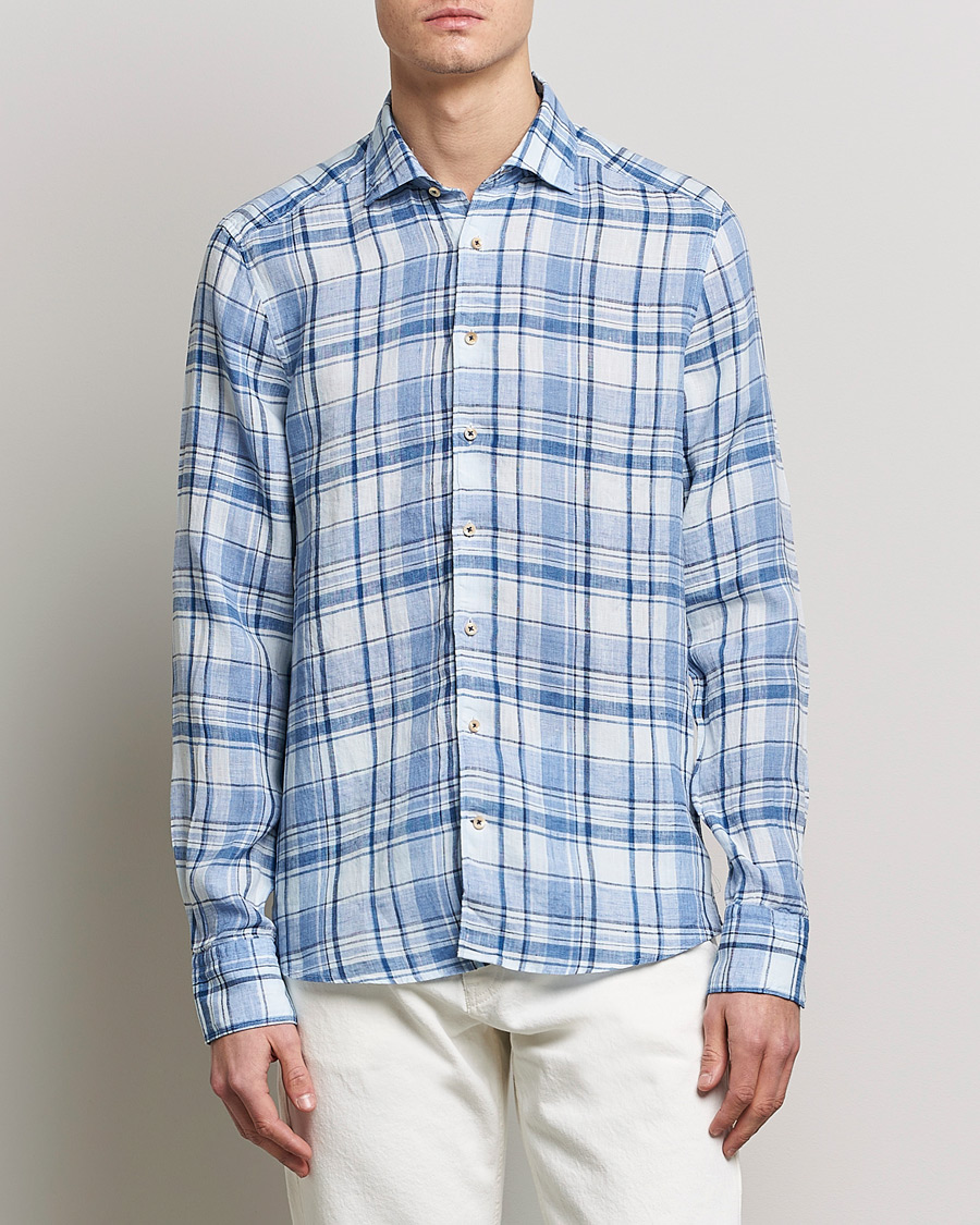 Uomini | Camicie | Stenströms | Slimline Cut Away Checked Linen Shirt Blue