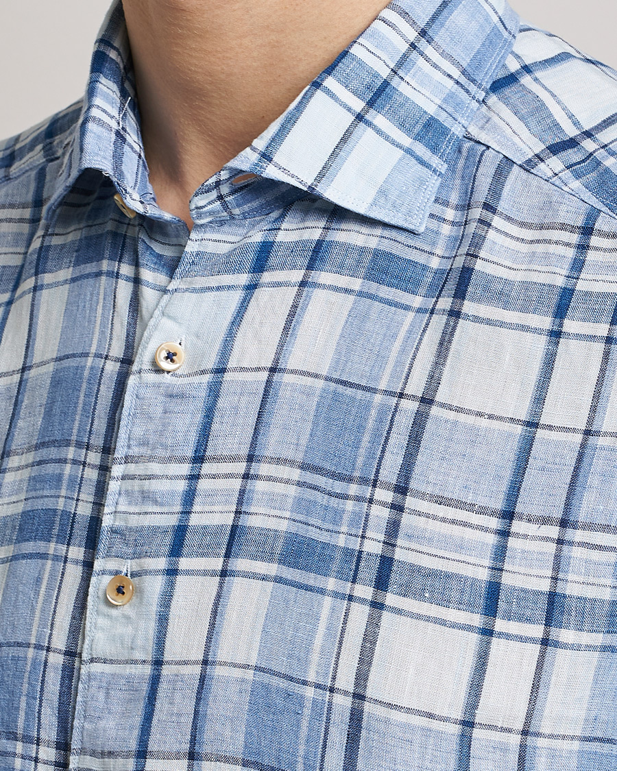 Uomini | Camicie | Stenströms | Slimline Cut Away Checked Linen Shirt Blue