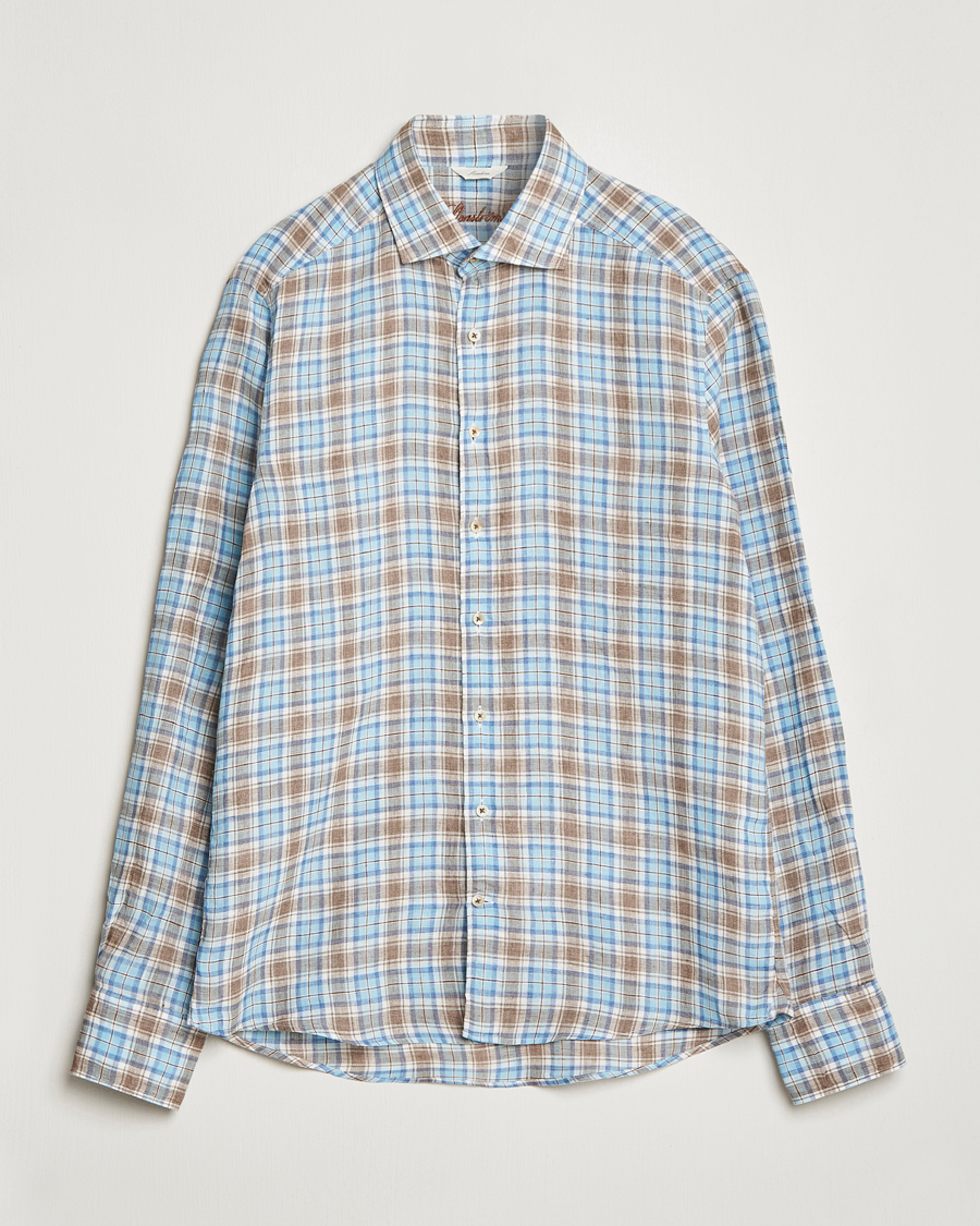Uomini | Camicie | Stenströms | Slimline Cut Away Checked Linen Shirt Blue/Beige