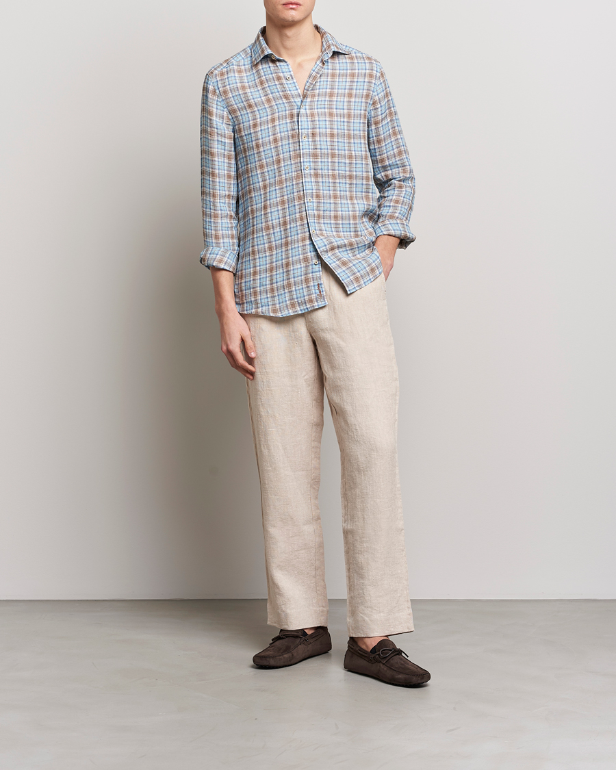 Uomini | Camicie | Stenströms | Slimline Cut Away Checked Linen Shirt Blue/Beige
