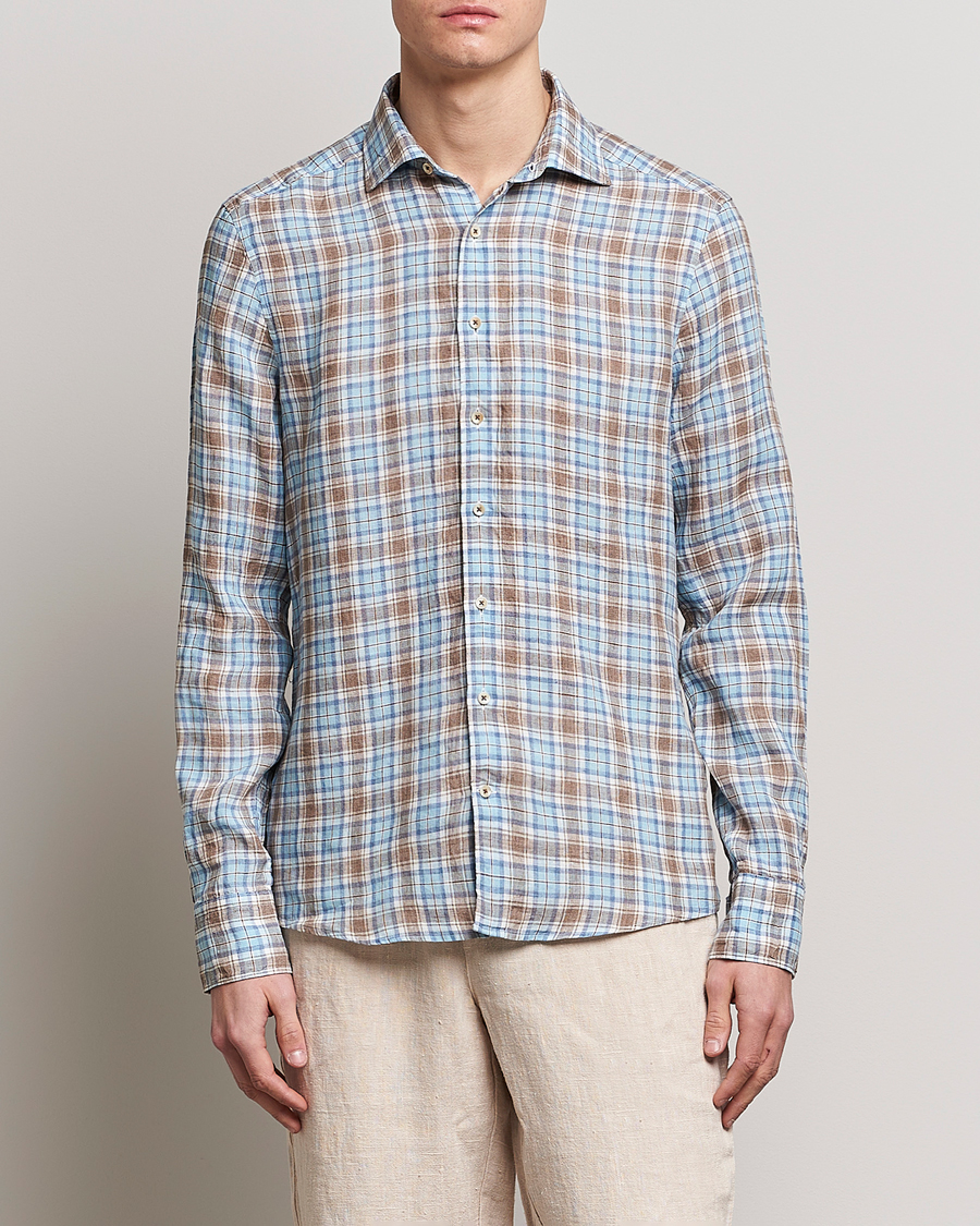 Uomini | Camicie | Stenströms | Slimline Cut Away Checked Linen Shirt Blue/Beige