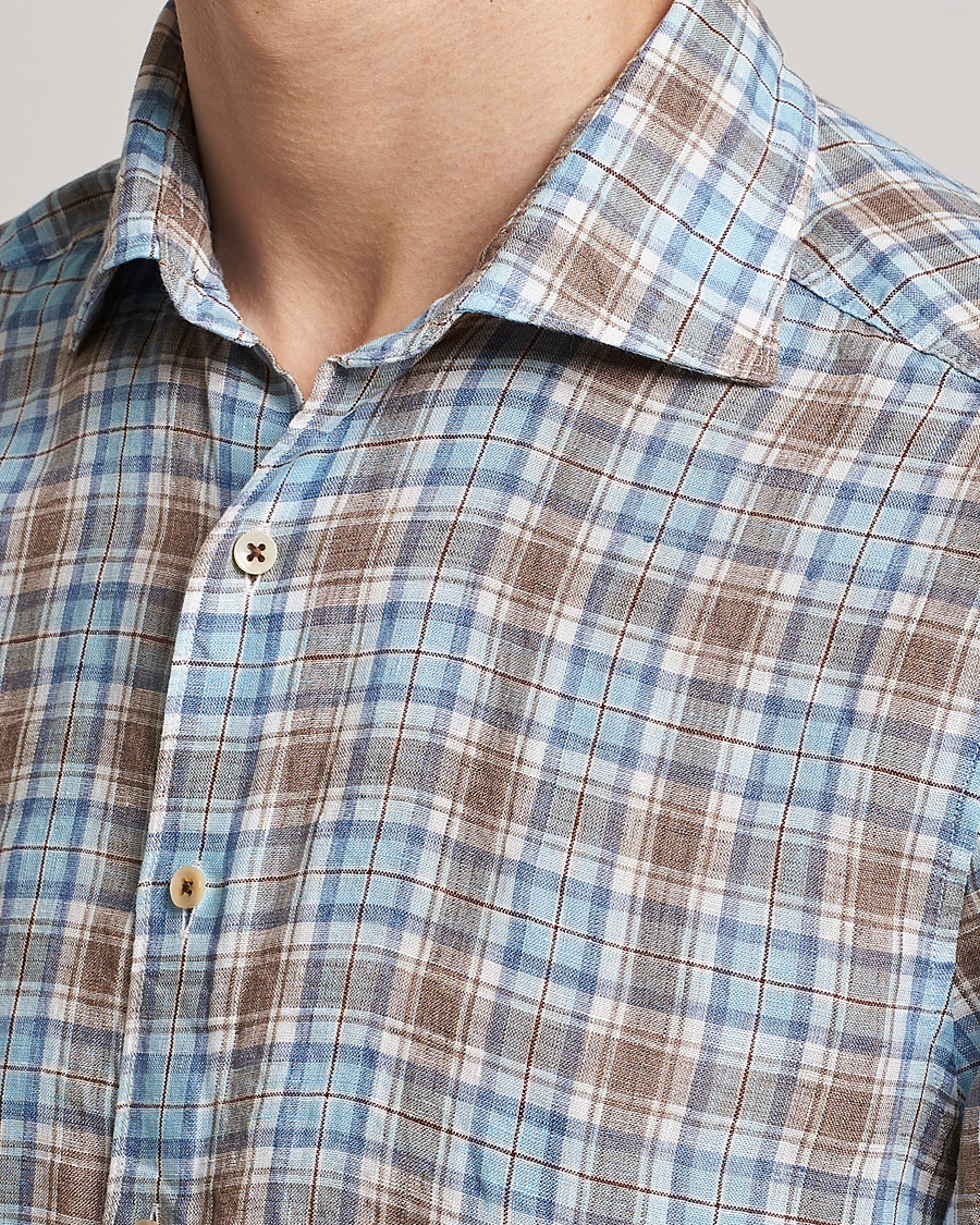 Uomini | Camicie | Stenströms | Slimline Cut Away Checked Linen Shirt Blue/Beige