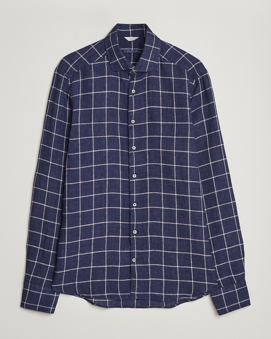 Uomini | Camicie | Stenströms | Slimline Cut Away Checked Linen Shirt Dark Blue