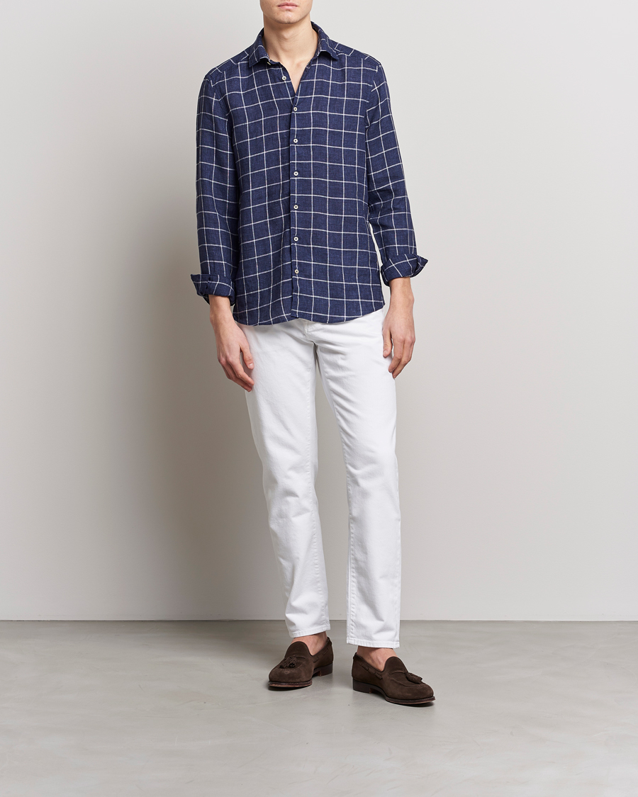 Uomini | Camicie | Stenströms | Slimline Cut Away Checked Linen Shirt Dark Blue