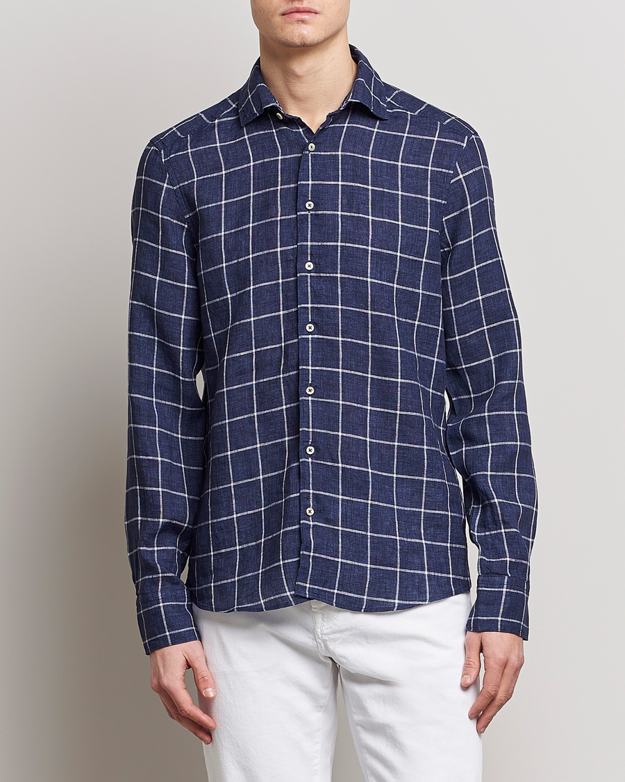 Uomini | Camicie | Stenströms | Slimline Cut Away Checked Linen Shirt Dark Blue