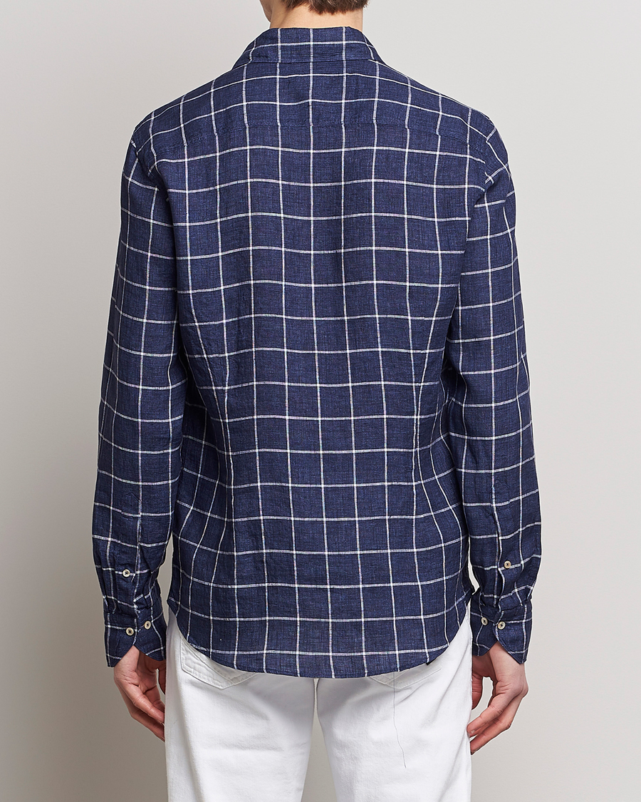 Uomini | Camicie | Stenströms | Slimline Cut Away Checked Linen Shirt Dark Blue