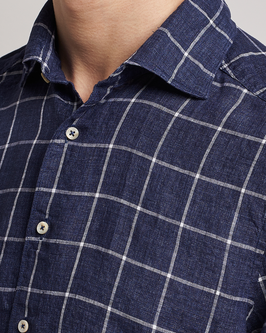 Uomini | Camicie | Stenströms | Slimline Cut Away Checked Linen Shirt Dark Blue
