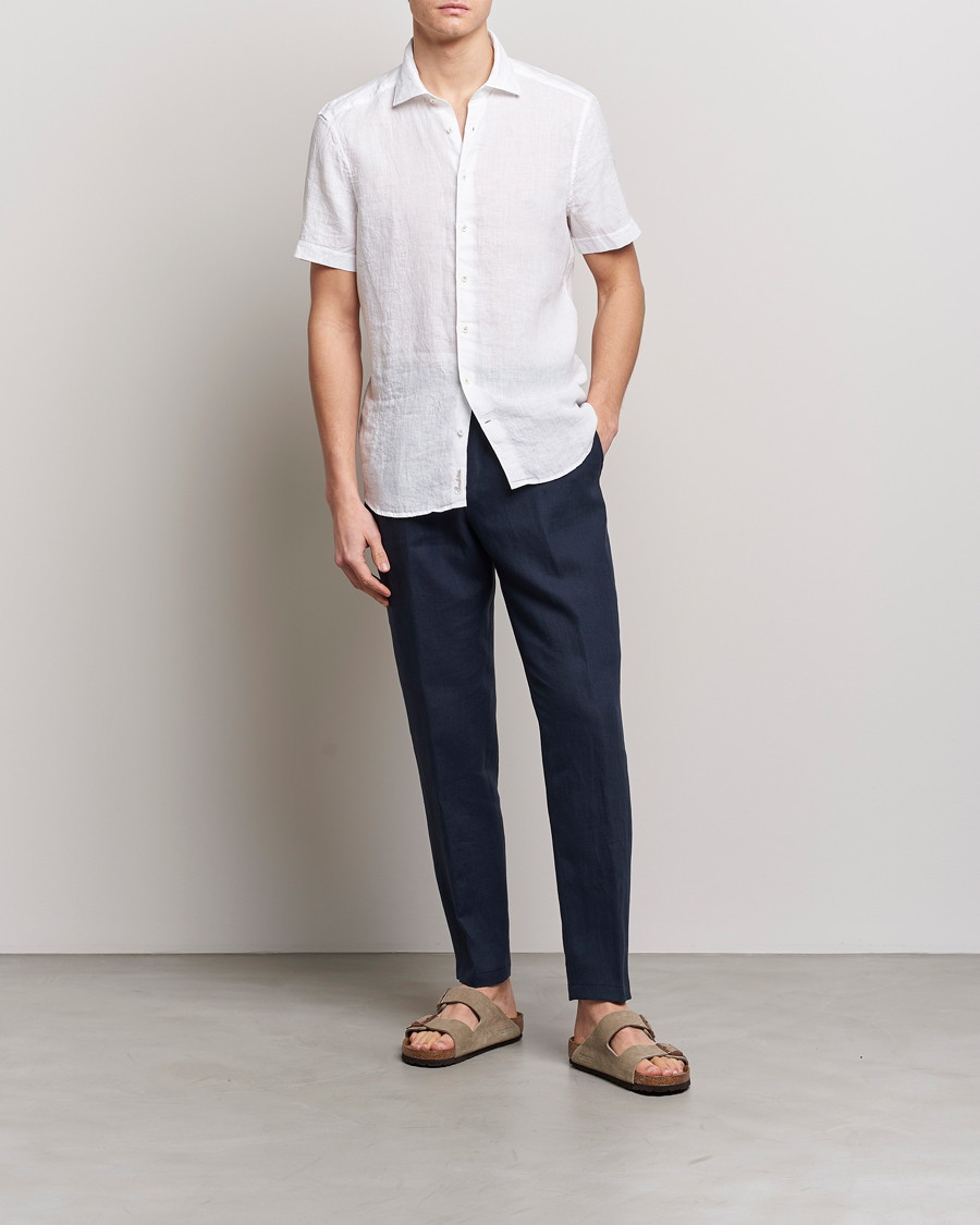 Uomini | Camicie | Stenströms | Slimline Cut Away Short Sleeve Linen Shirt White
