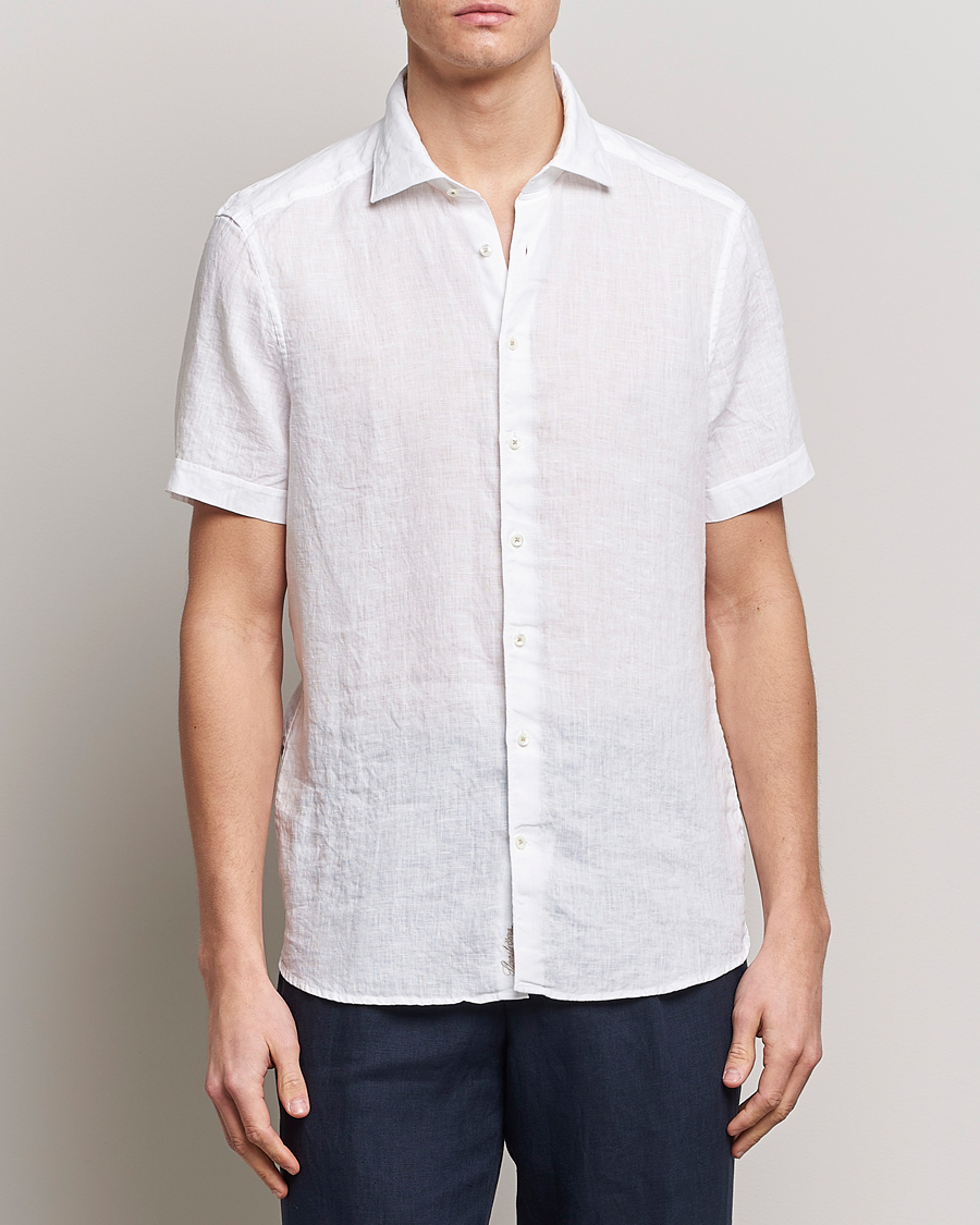 Uomini | Camicie | Stenströms | Slimline Cut Away Short Sleeve Linen Shirt White
