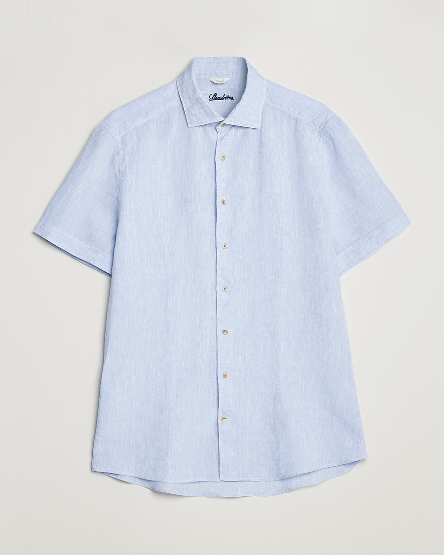 Uomini | Camicie | Stenströms | Slimline Cut Away Short Sleeve Linen Shirt Light Blue