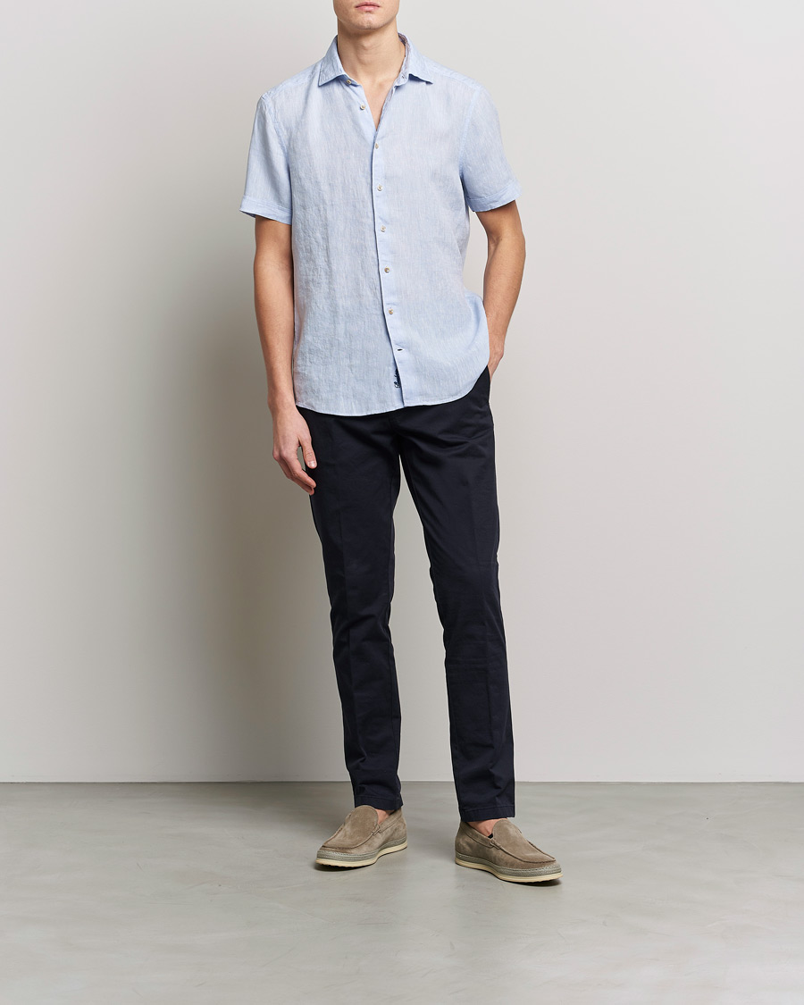 Uomini | Camicie | Stenströms | Slimline Cut Away Short Sleeve Linen Shirt Light Blue