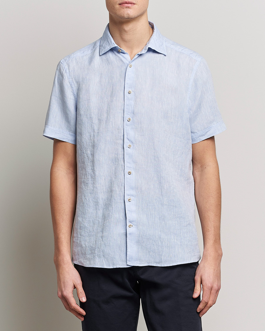 Uomini | Camicie | Stenströms | Slimline Cut Away Short Sleeve Linen Shirt Light Blue